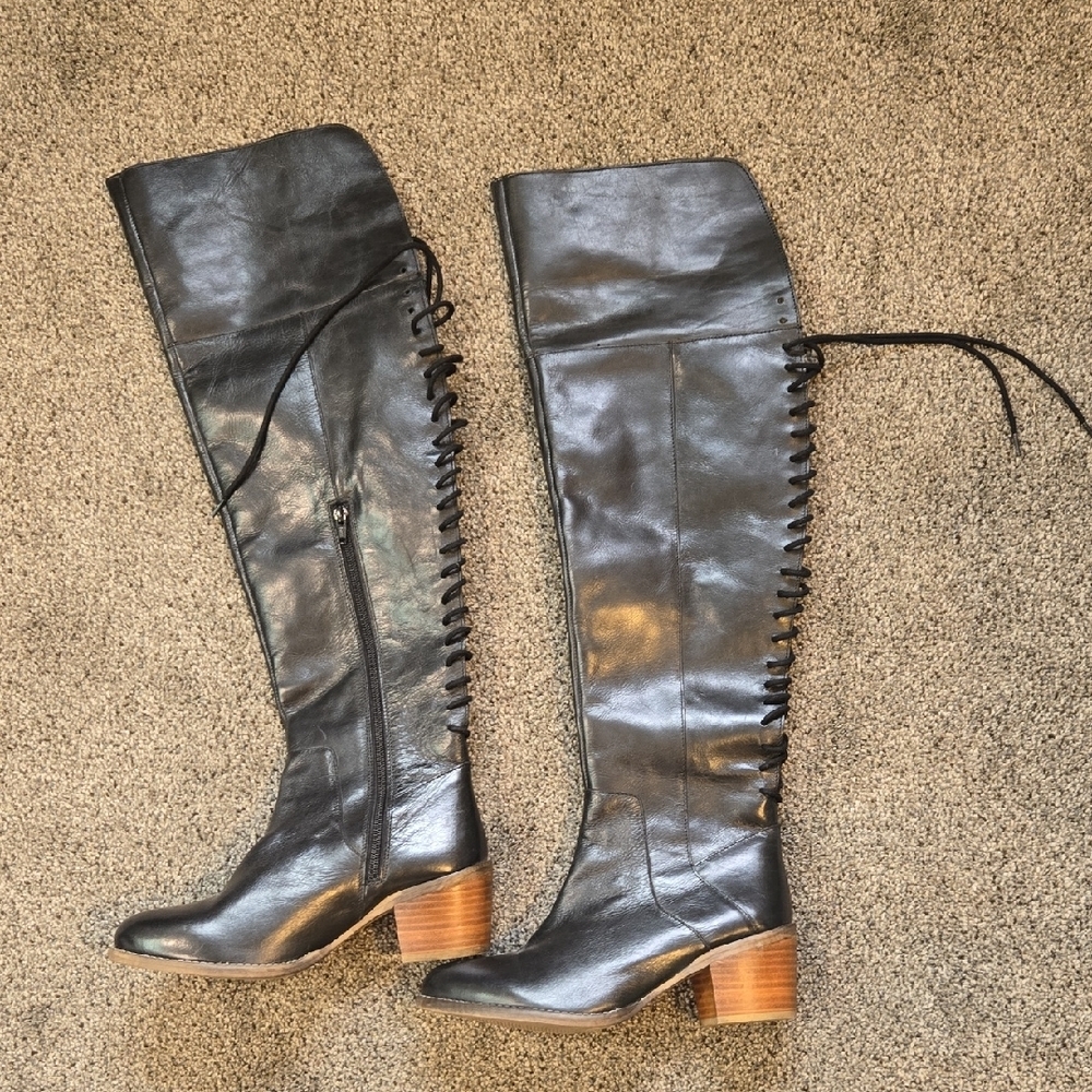Over-the-Knee Lace-Up Leather Boots in Black